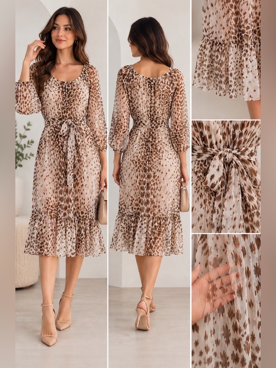 J.B.S. Dresses & Skirts - JBS Women’s  Brown Animal Print Sheer Chiffon Midi Dress Belted 18W